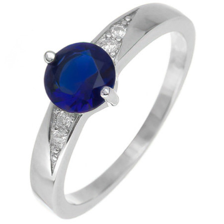 Stříbrný prsten - modrý kulatý zirkon, čiré kulaté zirkony