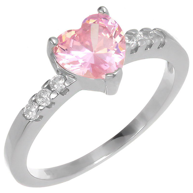 Stříbrný prsten - zirkon ve tvaru srdíčka, čiré kulaté zirkony