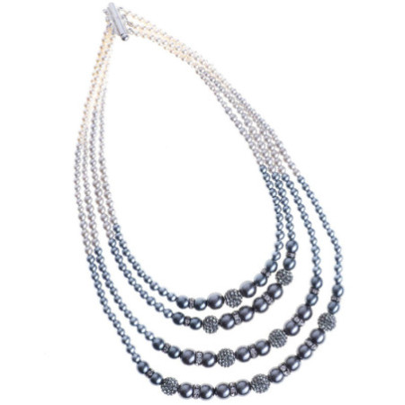 Stříbrný náhrdelník - křišťály Swarovski, syntetické perly, délka 45 cm