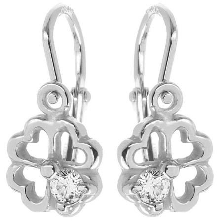 Stříbrné náušnice - čtyřlístek, čirý kulatý zirkon