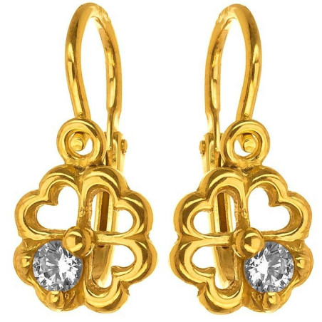 Pozlacené stříbrné náušnice - čtyřlístek, čirý kulatý zirkon