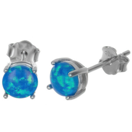 Stříbrné náušnice - modrý kulatý syntetický opál