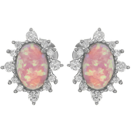 Stříbrné náušnice - oválný syntetický opál, čiré kulaté zirkony