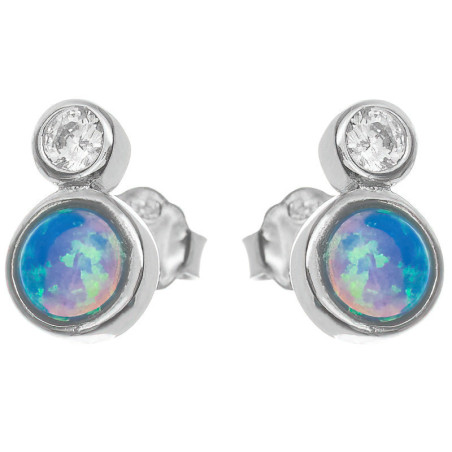 Stříbrné náušnice - modrý kulatý syntetický opál, čirý kulatý zirkon