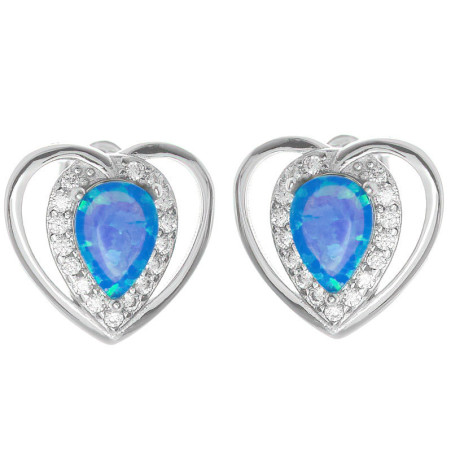 Stříbrné náušnice - srdíčka, modrý syntetický opál ve tvaru slzy, čiré kulaté zirkony