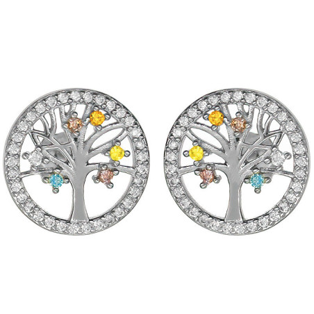 Stříbrné náušnice - strom života, barevné kulaté zirkony, čiré kulaté zirkony