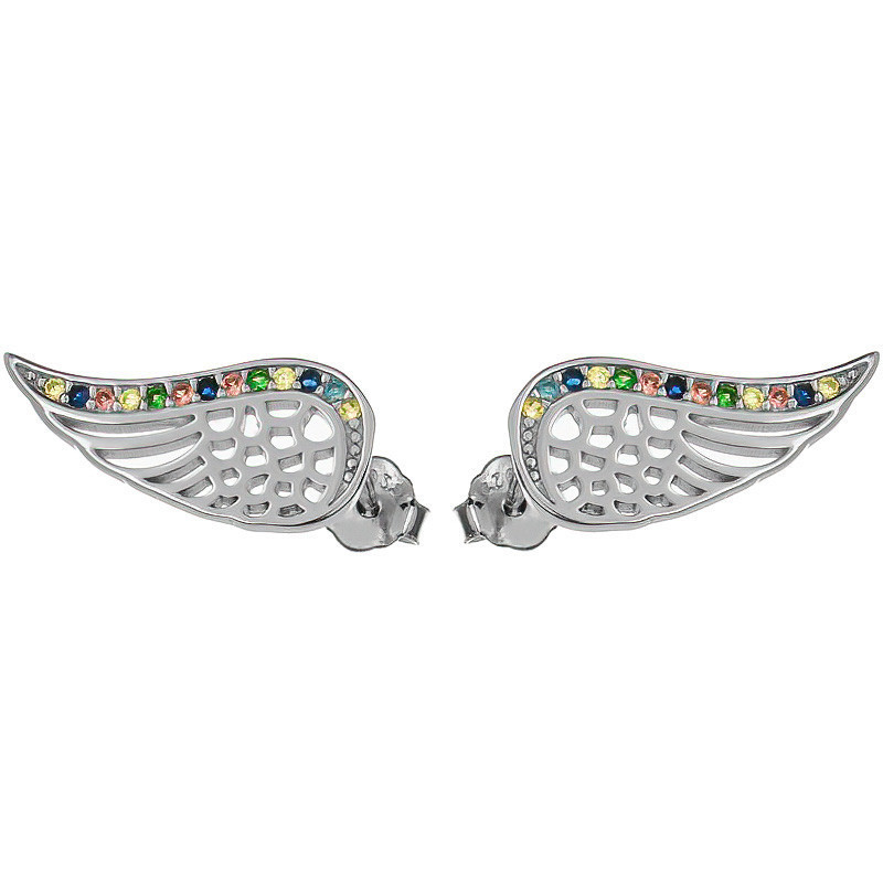 Stříbrné náušnice - andělské křídlo, barevné kulaté zirkony