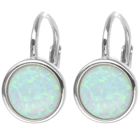 Stříbrné náušnice - bílý kulatý syntetický opál