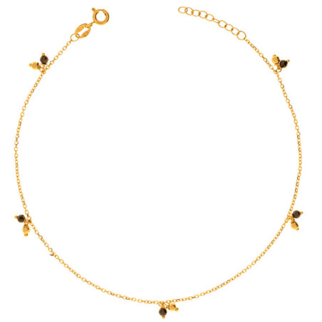 Zlatý náramek na nohu - kulky, černé zirkony, délka 22 až 24 cm