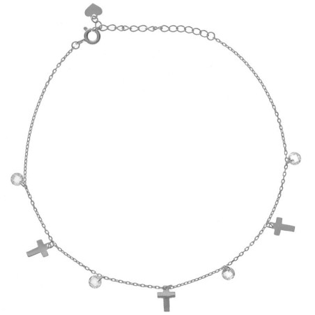 Stříbrný náramek na nohu - křížky, čiré kulaté zirkony, délka 22 až 26 cm