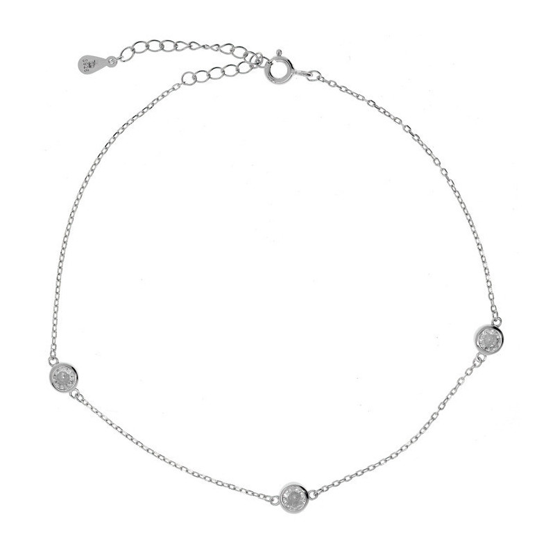 Stříbrný náramek na nohu - čiré kulaté zirkony, délka 22 až 26 cm