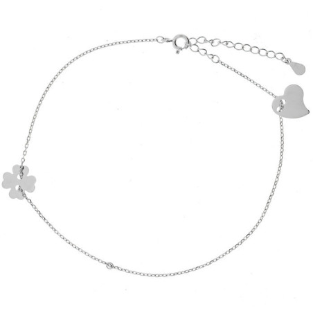 Stříbrný náramek na nohu - čtyřlístek, srdíčko, délka 22 až 26 cm