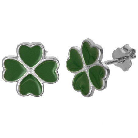 Stříbrné náušnice - čtyřlístek, zelená glazura