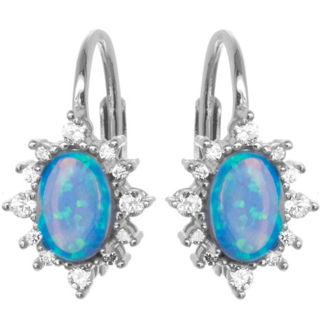 Stříbrné náušnice - modrý oválný syntetický opál, čiré kulaté zirkony