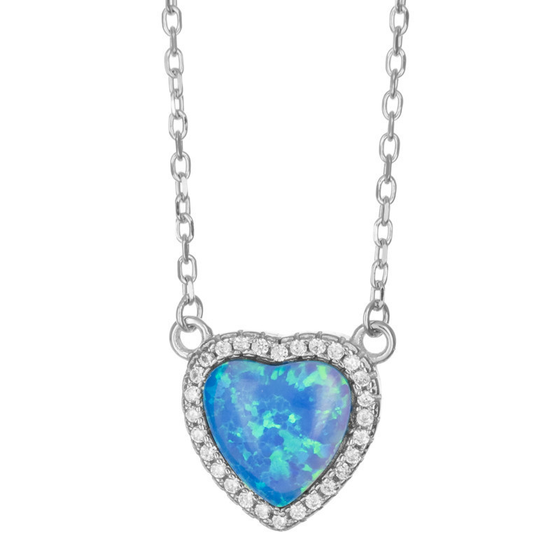 Stříbrný náhrdelník - srdíčko, modrý syntetický opál ve tvaru srdíčka, čiré kulaté zirkony, délka 42 až 45 cm