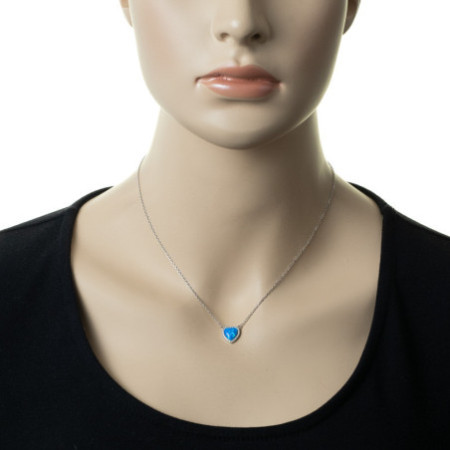 Stříbrný náhrdelník - srdíčko, modrý syntetický opál ve tvaru srdíčka, čiré kulaté zirkony, délka 42 až 45 cm