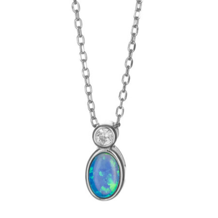 Stříbrný náhrdelník - modrý oválný syntetický opál, čirý kulatý zirkon, délka 43 až 46 cm