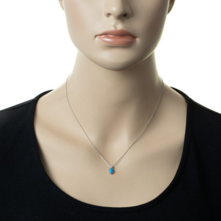 Stříbrný náhrdelník - modrý oválný syntetický opál, čirý kulatý zirkon, délka 43 až 46 cm