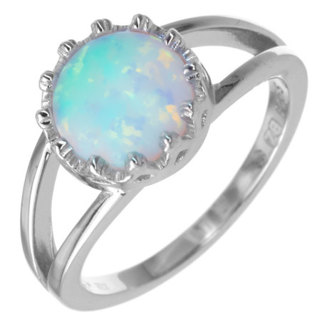 Stříbrný prsten - bílý kulatý syntetický opál