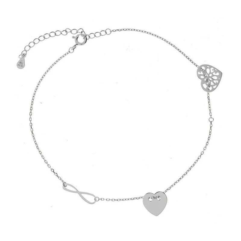 Stříbrný náramek na nohu - srdíčka, nekonečno, délka 22 až 26 cm