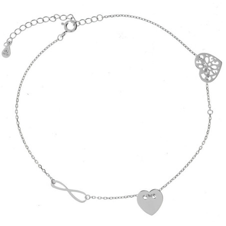 Stříbrný náramek na nohu - srdíčka, nekonečno, délka 22 až 26 cm