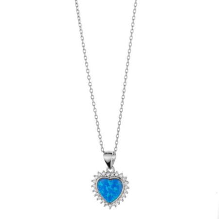 Stříbrný náhrdelník - srdíčko, modrý syntetický opál ve tvaru srdíčka, čiré kulaté zirkony, délka 43 až 46 cm