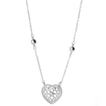 Stříbrný náhrdelník - srdíčko, čiré kulaté zirkony, délka 43 až 46 cm