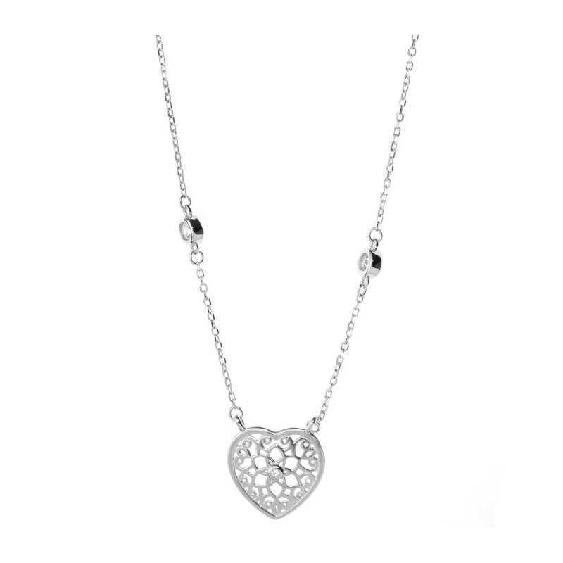 Stříbrný náhrdelník - srdíčko, čiré kulaté zirkony, délka 43 až 46 cm