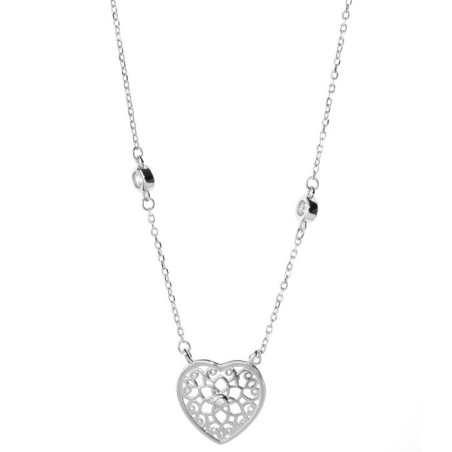 Stříbrný náhrdelník - srdíčko, čiré kulaté zirkony, délka 43 až 46 cm