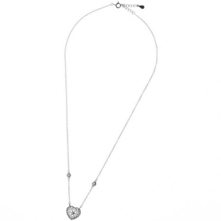Stříbrný náhrdelník - srdíčko, čiré kulaté zirkony, délka 43 až 46 cm