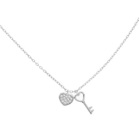 Stříbrný náhrdelník - srdíčko, klíč, čiré kulaté zirkony, délka 43 až 46 cm | Argento.cz