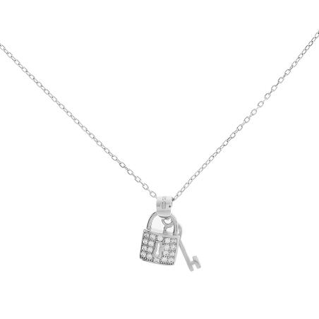 Stříbrný náhrdelník - zámek, klíček, čiré kulaté zirkony, délka 43 až 46 cm | Argento.cz