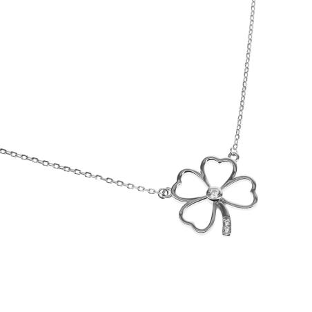 Stříbrný náhrdelník - čtyřlístek, čiré kulaté zirkony, délka 43 až 46 cm | Argento.cz