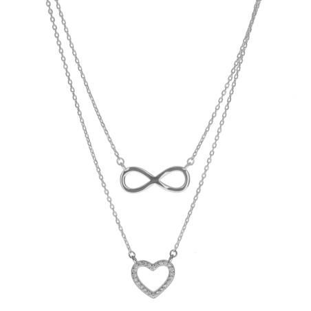 Stříbrný náhrdelník - srdíčko, nekonečno, čiré kulaté zirkony, délka 43 až 46 cm | Argento.cz