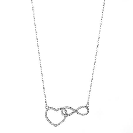 Stříbrný náhrdelník - srdíčko, nekonečno, čiré kulaté zirkony, délka 43 až 46 cm | Argento.cz