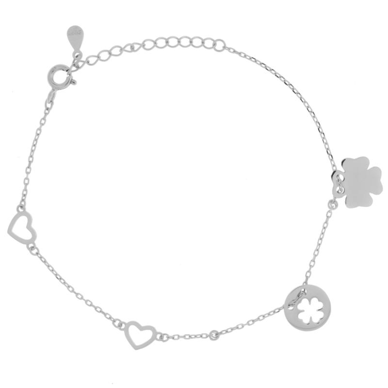 Pozlacený stříbrný náramek - čtyřlístek, srdíčko, délka 16 až 19 cm | Argento.cz
