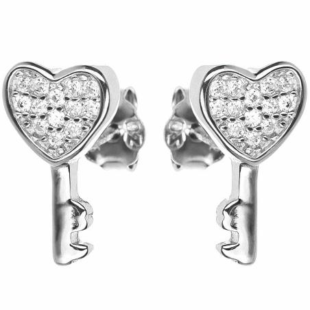 Stříbrné náušnice - srdíčka, klíč, čiré kulaté zirkony | Argento.cz