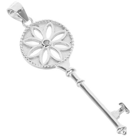 Stříbrný přívěsek - kvítek, klíč, čirý kulatý zirkon | Argento.cz