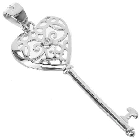 Stříbrný přívěsek - srdíčko, klíč, čirý kulatý zirkon | Argento.cz