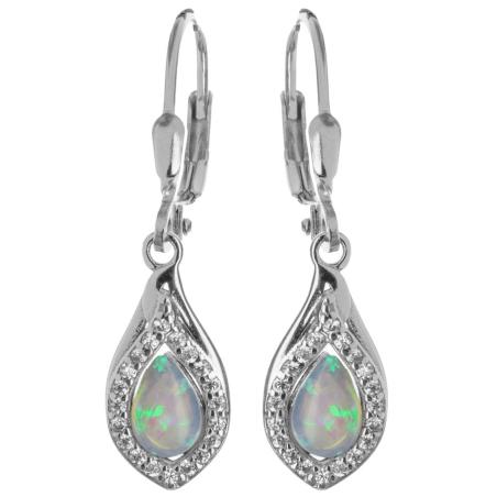 Stříbrné náušnice - bílý syntetický opál ve tvaru slzy, čiré kulaté zirkony | Argento.cz