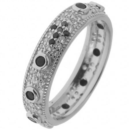 Stříbrný prsten - růženec, křížek, černé kulaté zirkony, čiré kulaté zirkony | Argento.cz