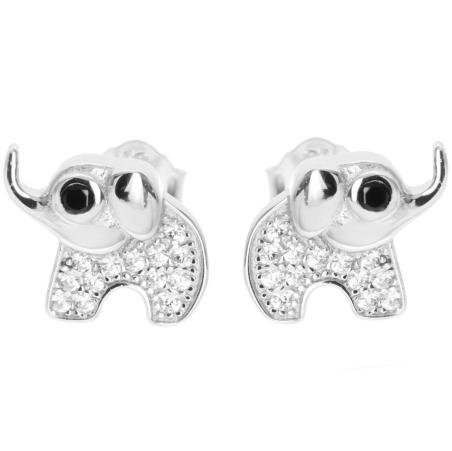 Stříbrné náušnice - slon, černý kulatý zirkon, čiré kulaté zirkony | Argento.cz