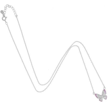 Stříbrný náhrdelník - motýl, kulaté zirkony, tmavě růžové kulaté zirkony | Argento.cz