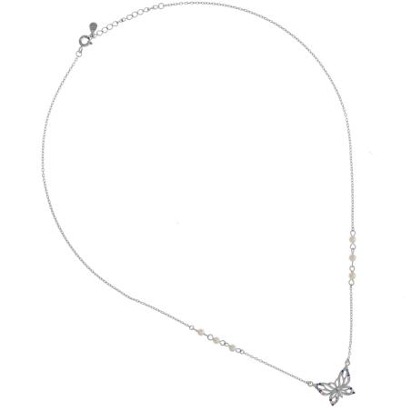 Stříbrný náhrdelník - motýl, barevné kulaté zirkony, bílé syntetické perly ve tvaru kuličky | Argento.cz