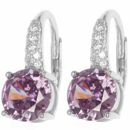 Stříbrné náušnice - fialový kulatý zirkon, čiré kulaté zirkony | Argento.cz