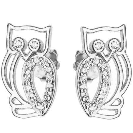 Stříbrné náušnice - sova, čiré kulaté zirkony | Argento.cz