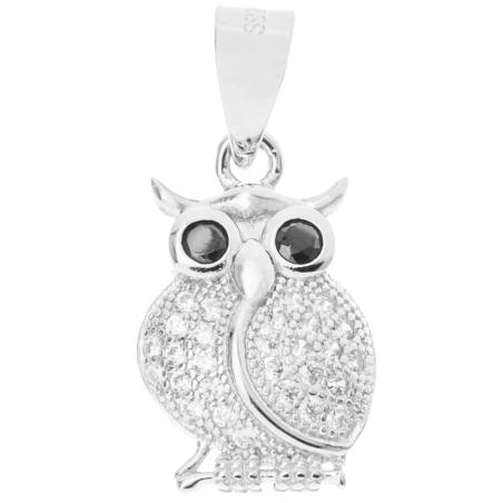Stříbrný přívěsek - sova, černé kulaté zirkony, čiré kulaté zirkony | Argento.cz