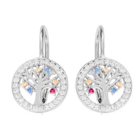 Stříbrné náušnice - strom života, barevné kulaté zirkony, čiré zirkony | Argento.cz