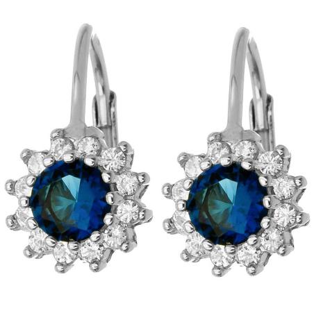 Stříbrné náušnice - kvítek, modrý kulatý zirkon, čiré kulaté zirkony | Argento.cz