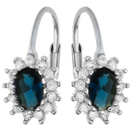 Stříbrné náušnice - modrý oválný zirkon, čiré kulaté zirkony | Argento.cz